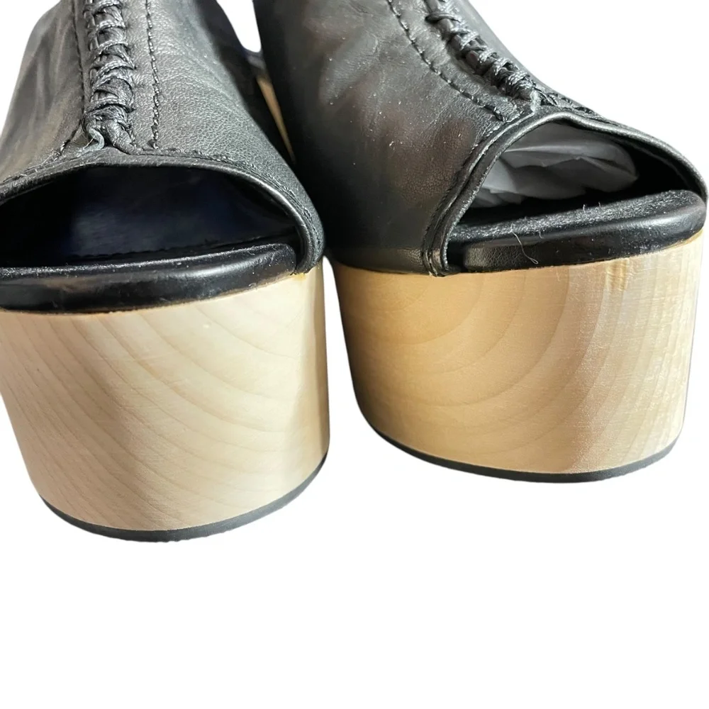 Kelsi Dagger Brooklyn Nova Platform Mules 4 black leather peep toe wooden Y2k